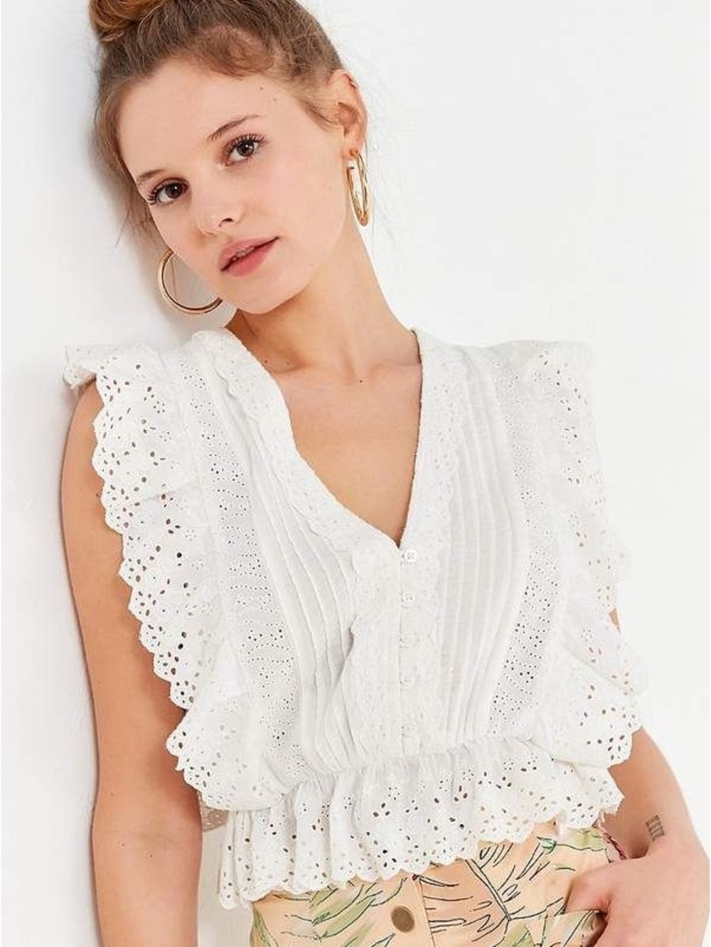 Urban Outfitters White Eyelet Ruffle V-Neck Blouse